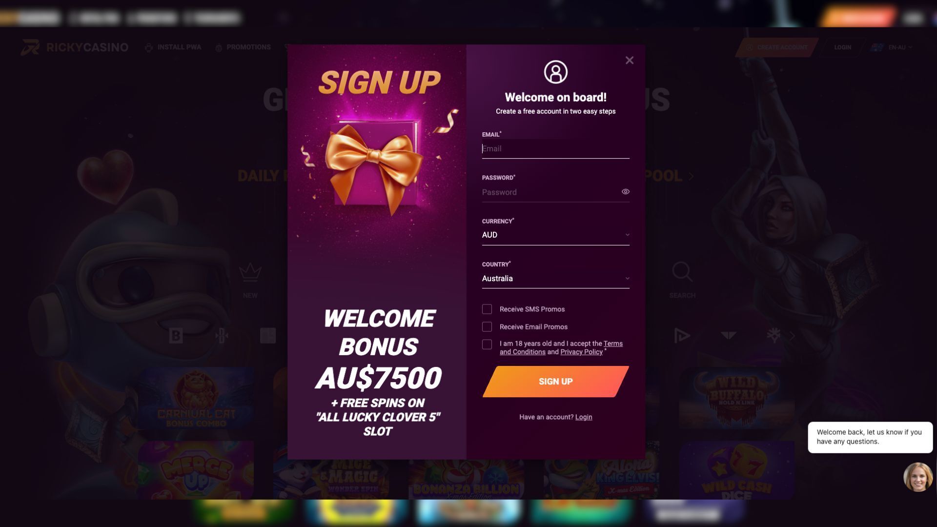 A visual guide showing how to sign-up at Ricky Casino in Australia is provided.