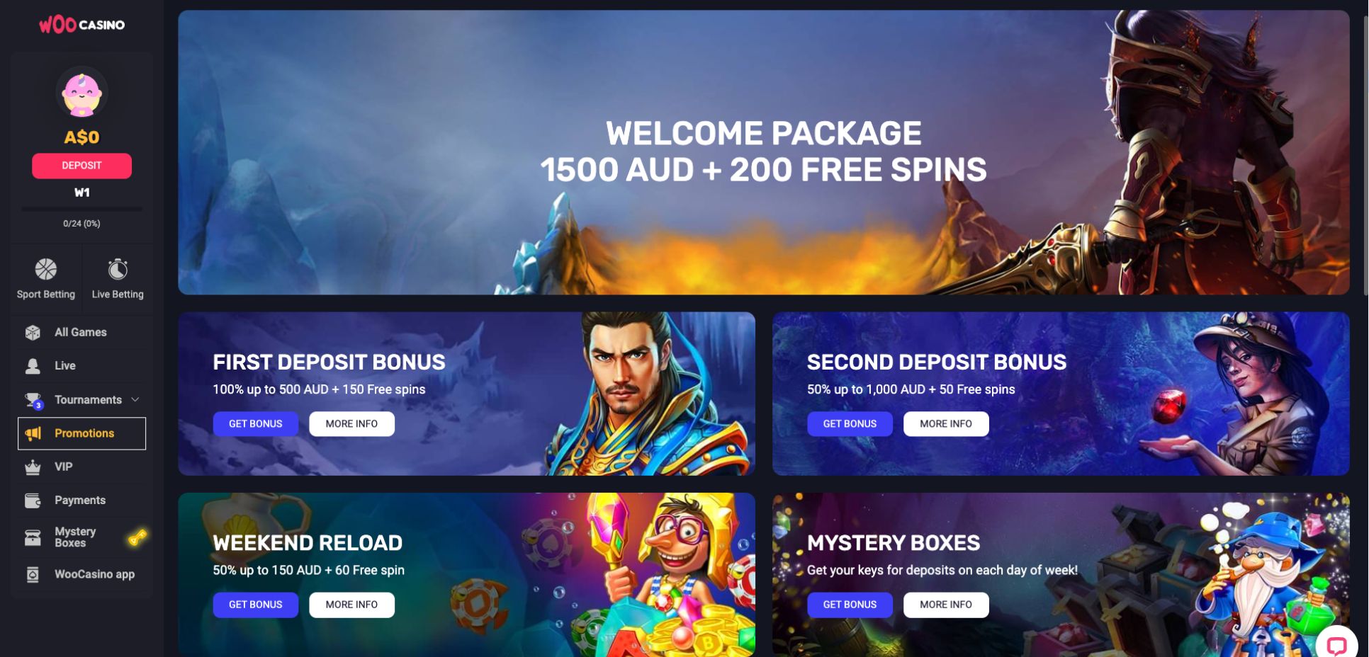 The Bonuses and Promotions section of WooCasino