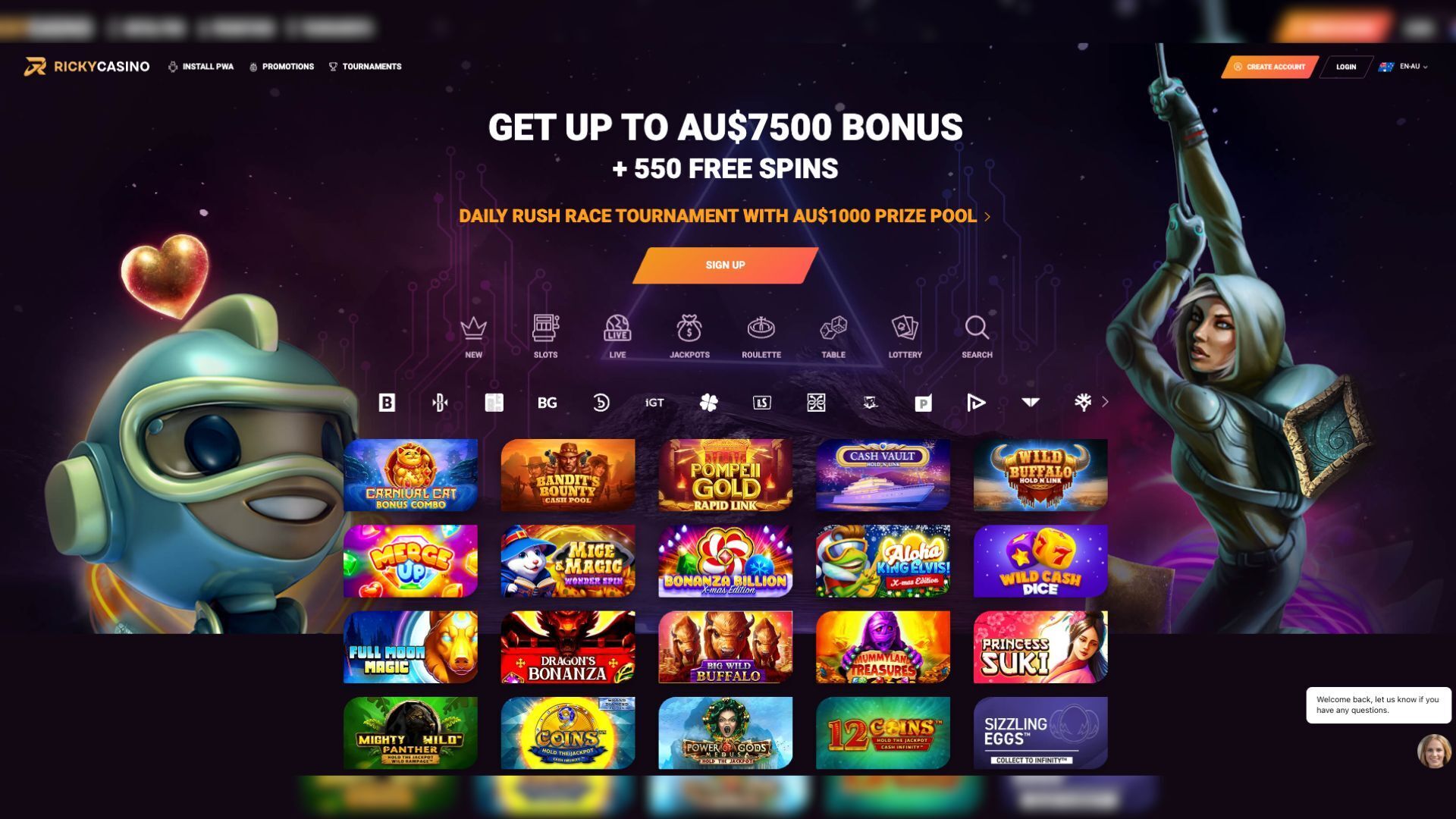 Featured is an image of the Home Page of Ricky Casino as viewed in Australia.