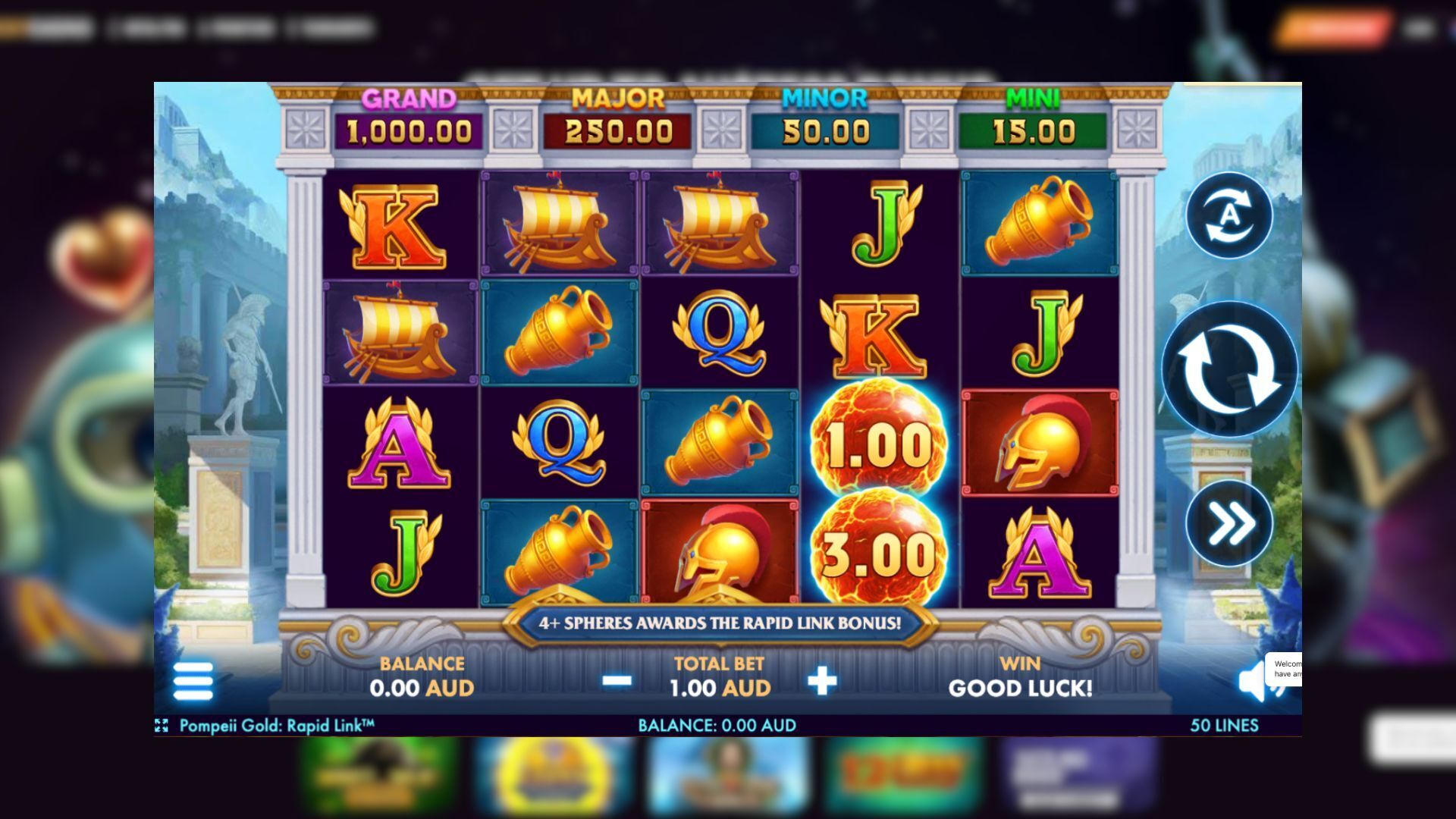 This image depicts the Pompeii Gold slot game available at Ricky Casino in Australia.