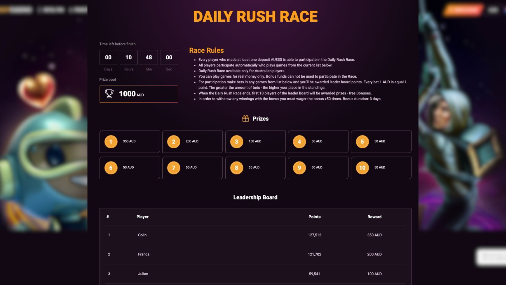 An image of the Casino Tournaments available at Ricky Casino in Australia is showcased.