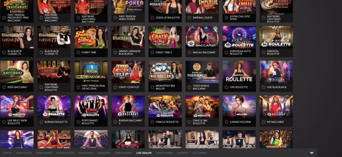 Menus for live dealer games are presented in enticing layouts for easy access.