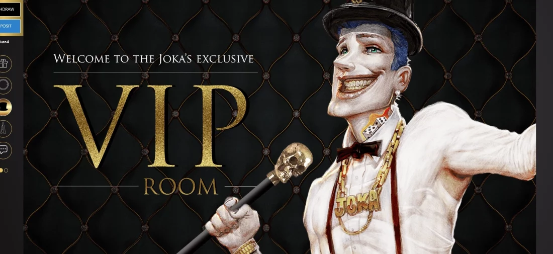A playful cartoon joker set on a dark background welcomes players to Joka's exclusive VIP lounge.