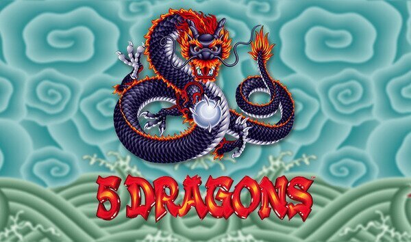 5 Dragons slot machine emblem showing a purple dragon amidst a blue backdrop