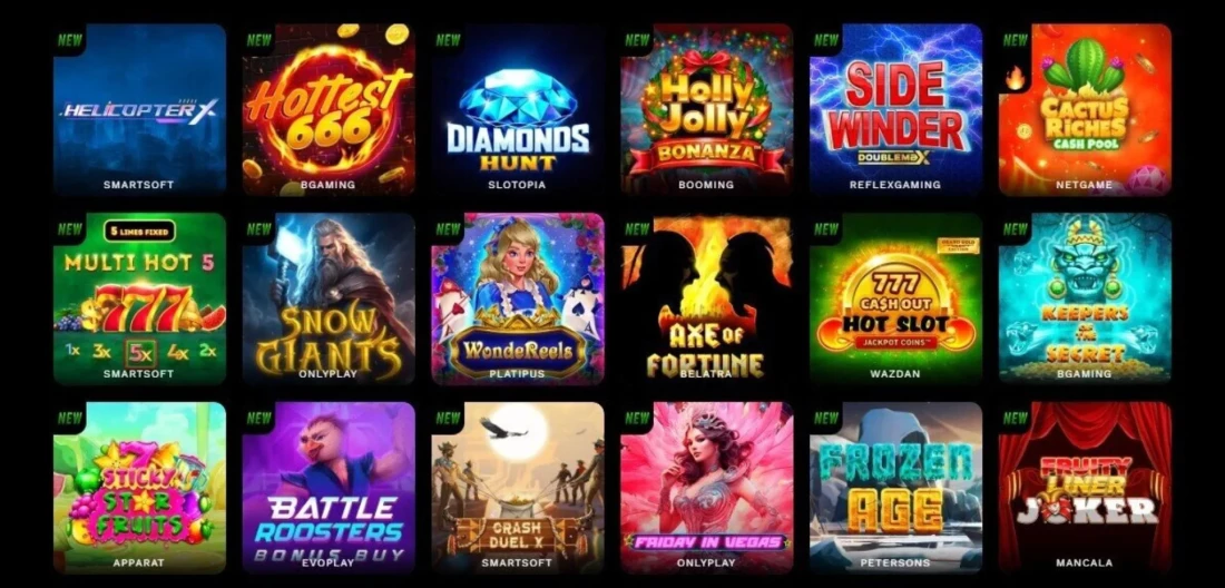 Experience an array of vibrant game icons laid out in a 6x3 grid against a black backdrop, enhancing visual engagement.