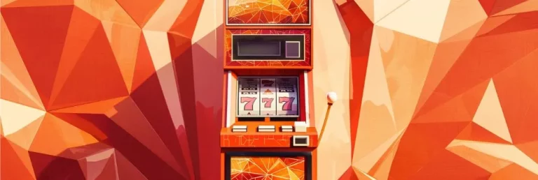 A vintage slot machine in an orange shade set against a dynamic orange geometric pattern.