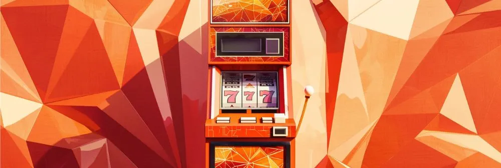 A traditional slot machine wrapped in vibrant orange hues against a geometric orange backdrop