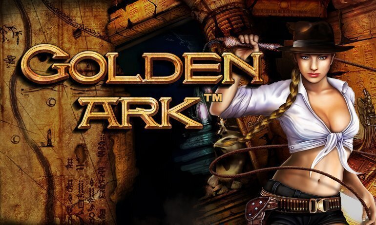 The distinctive logo of Golden Ark stands against an earthen background, accompanied by a female adventurer.