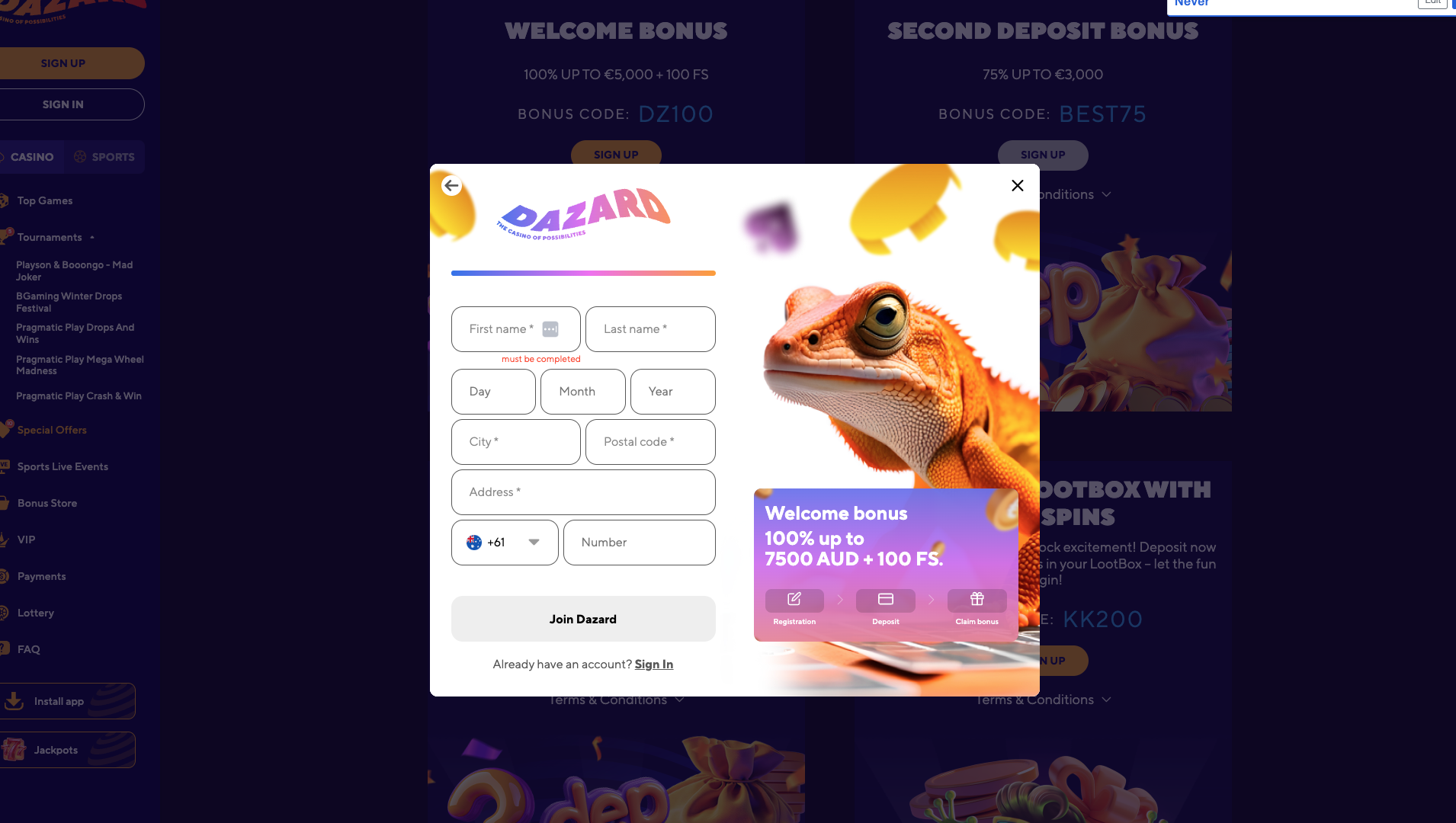 A snapshot of Dazard's registration form page 2