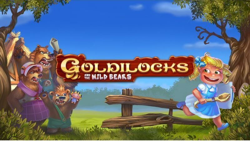 A charming scene depicting a wooden fence in a forest, where a blonde girl meets a family of bears under the Goldilocks and The Wild Bears Logo.