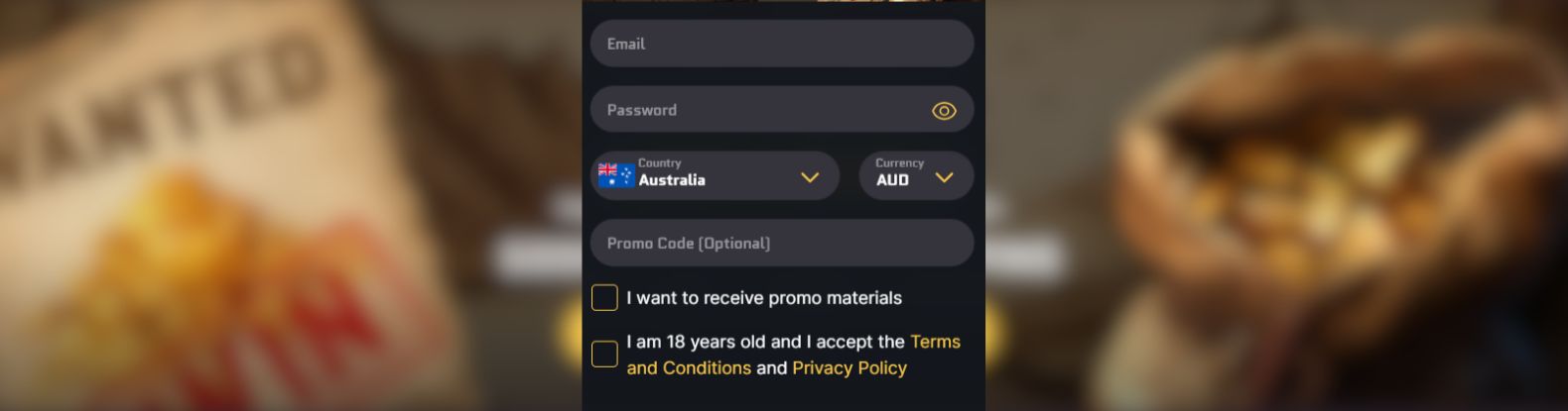 Signup form at Wanted Win casino appears as a black overlay against a blurred backdrop.