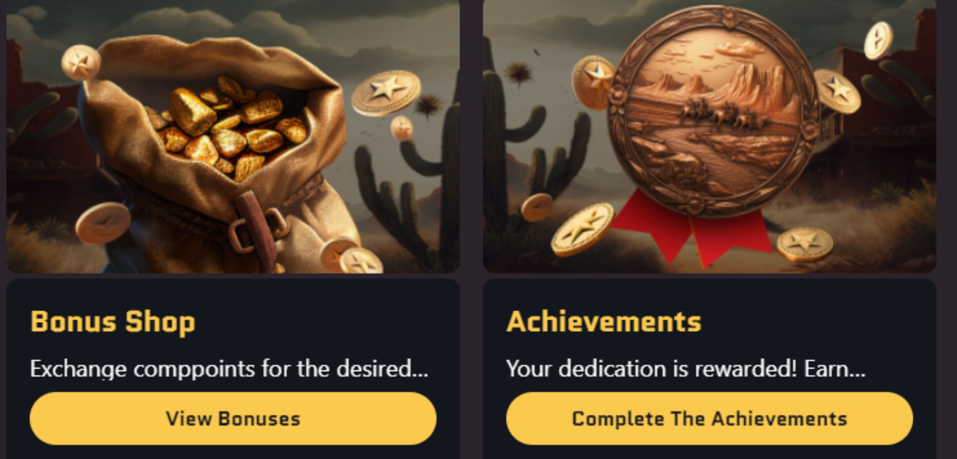 The Bonus Shop and achievements promotions at Wanted Win Casino feature enticing items like a bag of gold and a bronze medallion.