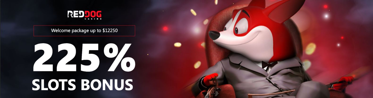 A brief look at the Red Dog Casino welcome bonus, featuring a red and white dog in a grey suit, set against a subtly blurred backdrop.