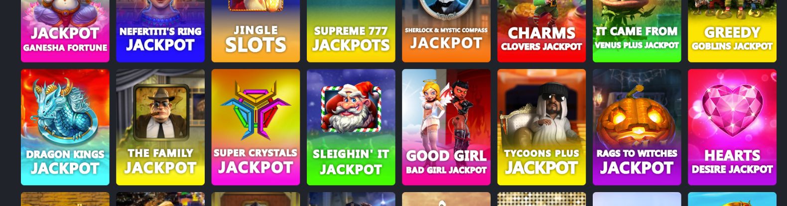Showcase of Red Dog Casino’s games with colorful logos on a black stage.