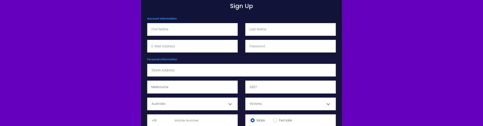 The A Big Candy Casino registration form features a sleek navy blue design with white inputs on a purple backdrop.