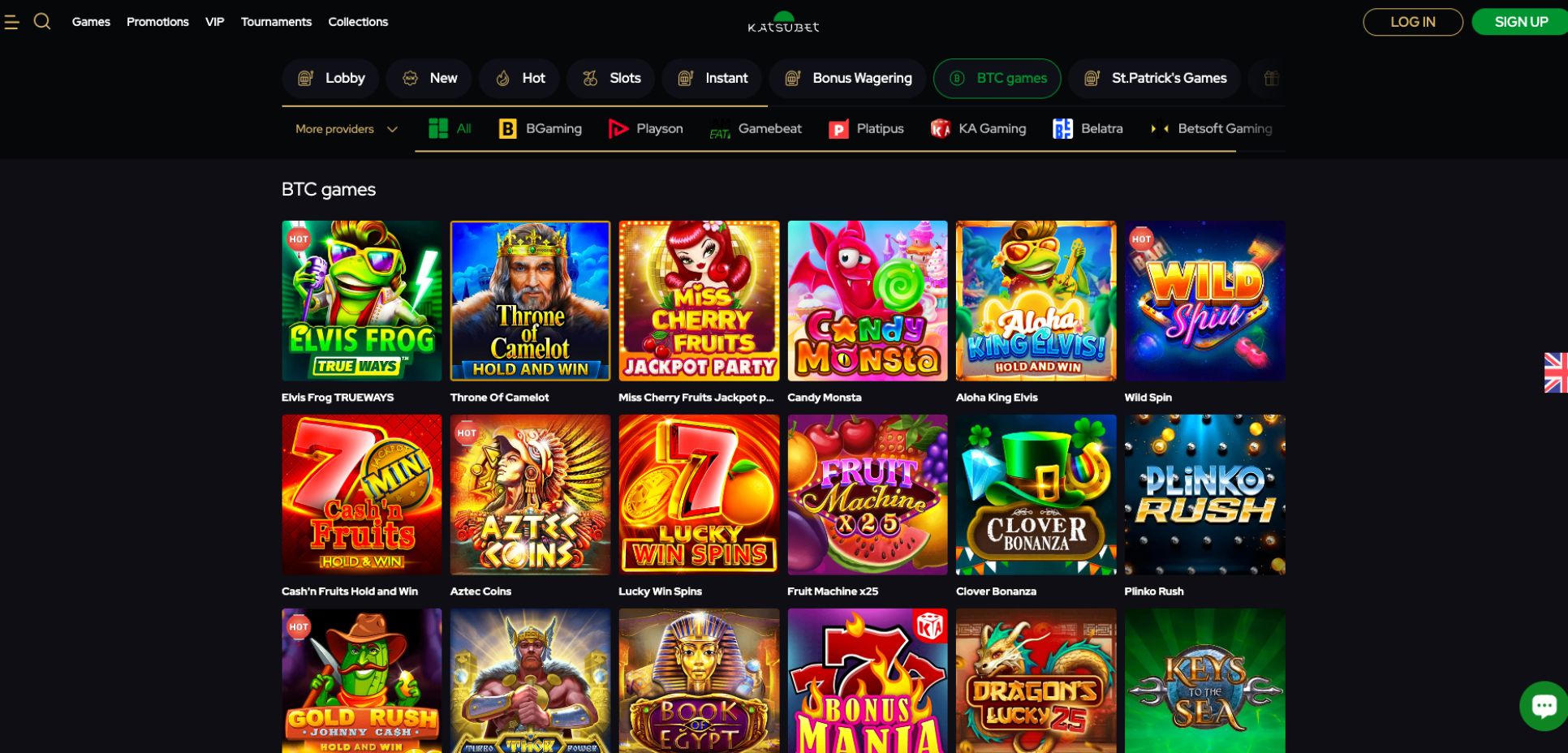 The colourful logos for the pokies games at Katsubet Casino appear in an organized 6x3 grid on a black background.