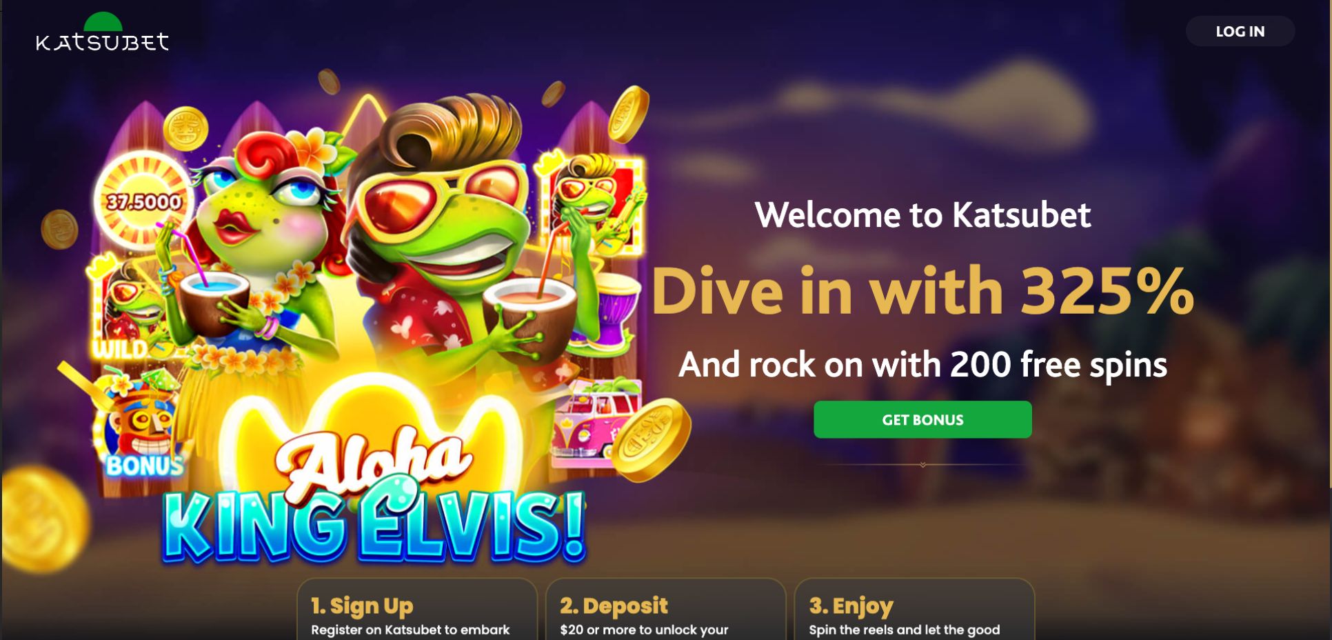 The promotional overview at Katsubet Casino features vibrant imagery set against a sleek black backdrop.