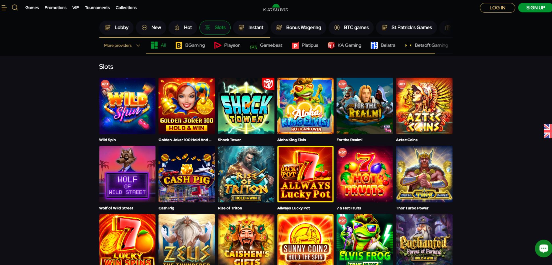 Top game logos at Katsubet Casino are presented in a 6x2 grid on a black background.