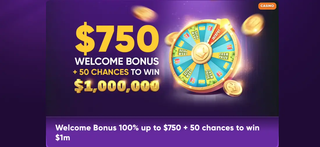 Experience a vibrant welcome bonus from Kingmaker Casino showcased with a green and gold prize wheel on a purple backdrop.