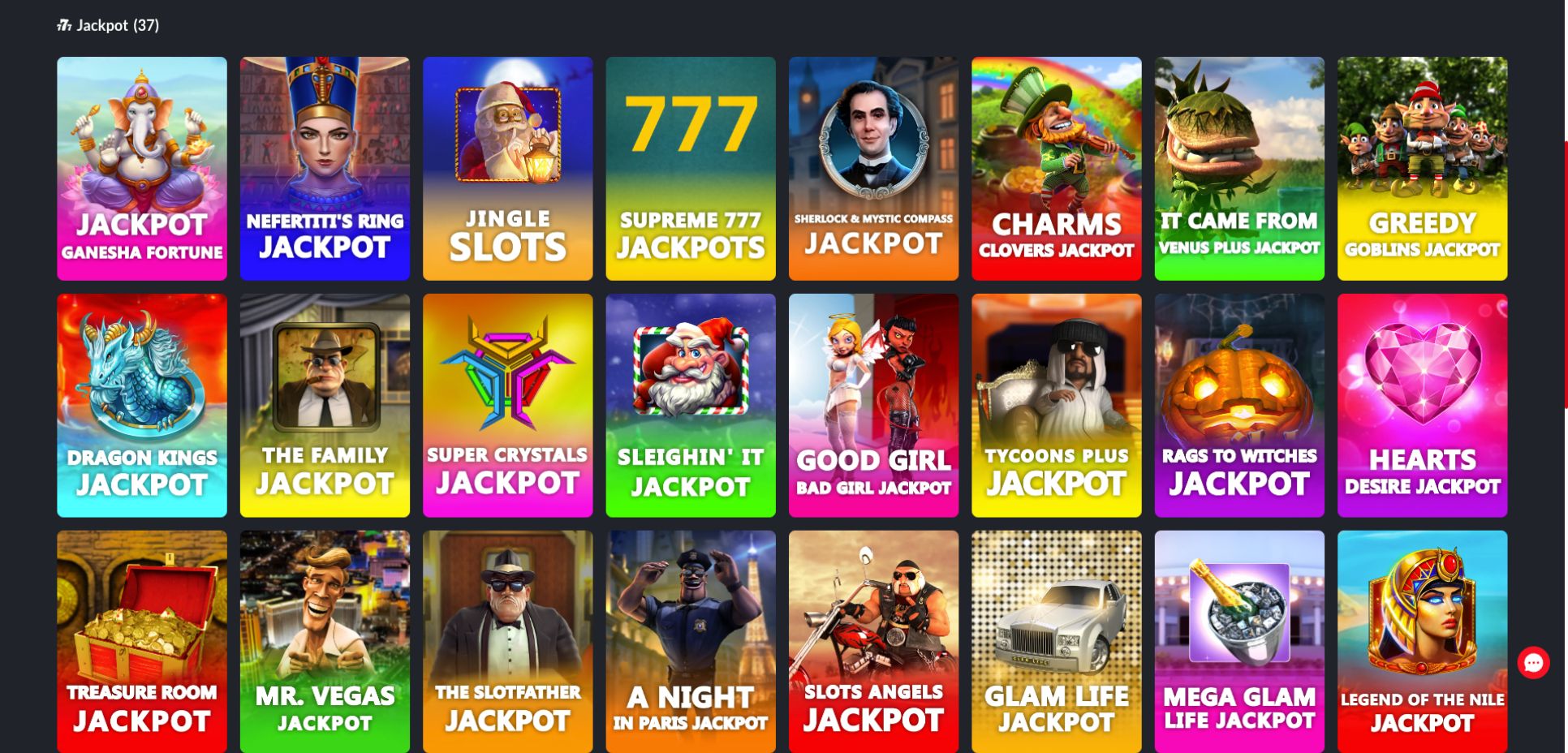 Display of vibrant jackpot game logos at Red Dog Casino arranged in an 8x3 grid on a black background.