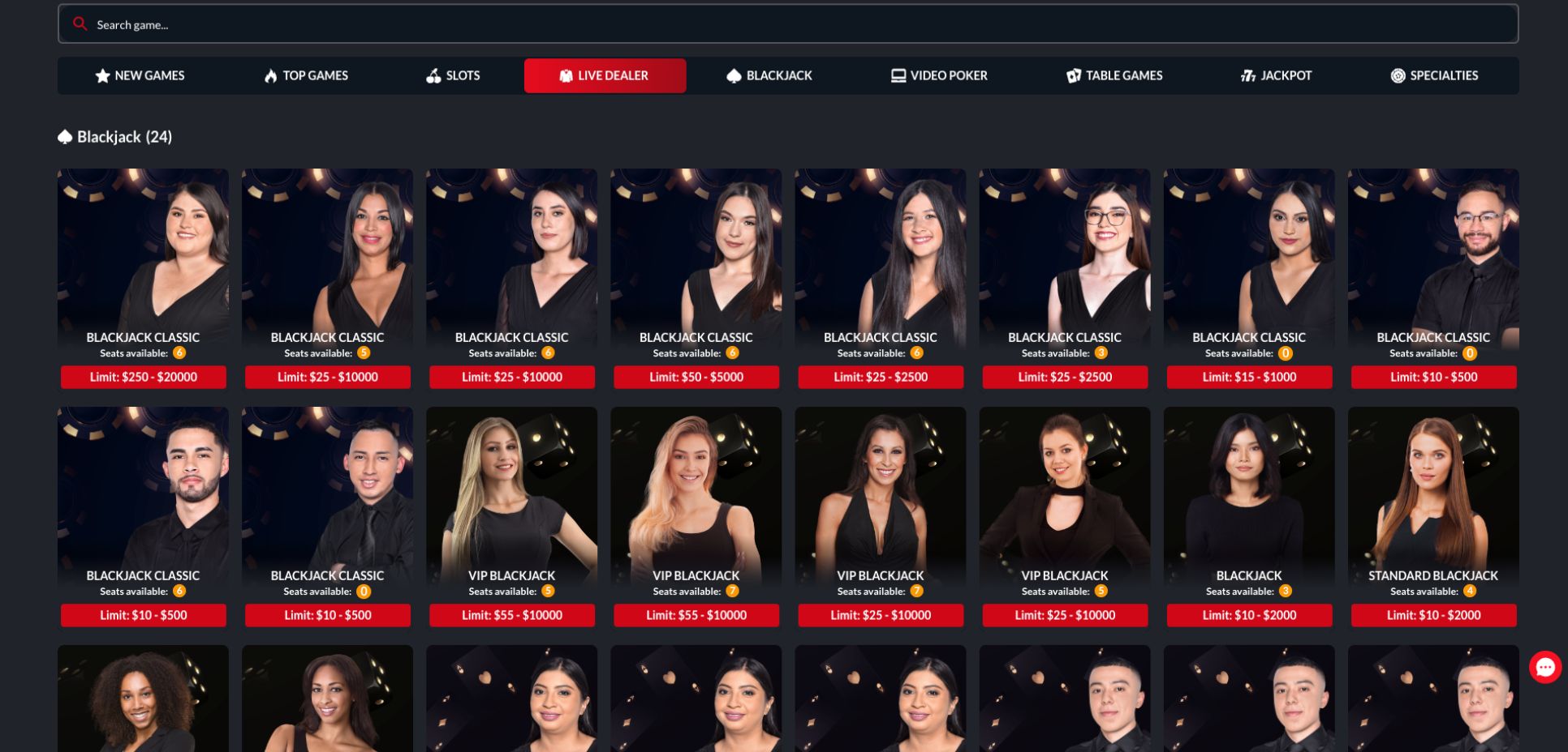 The live dealer selection at Red Dog Casino is showcased through an 8x3 grid featuring dealer photographs for various games, set on a black background.