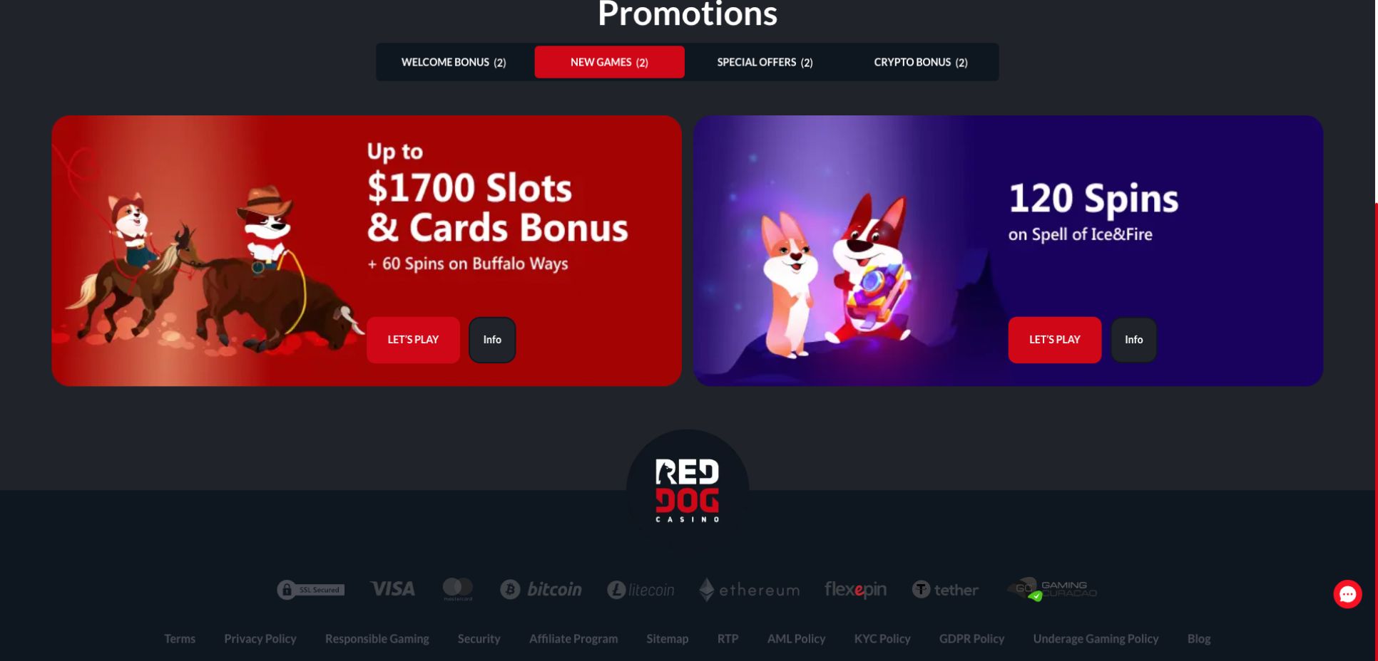 A promotion overview at Red Dog, characterized by red and purple blocks set against a black backdrop.