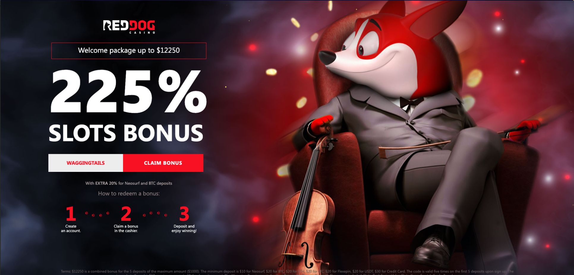 A whimsical overview of the Red Dog Casino welcome bonus, featuring a red cartoon dog in a grey suit playing a violin.