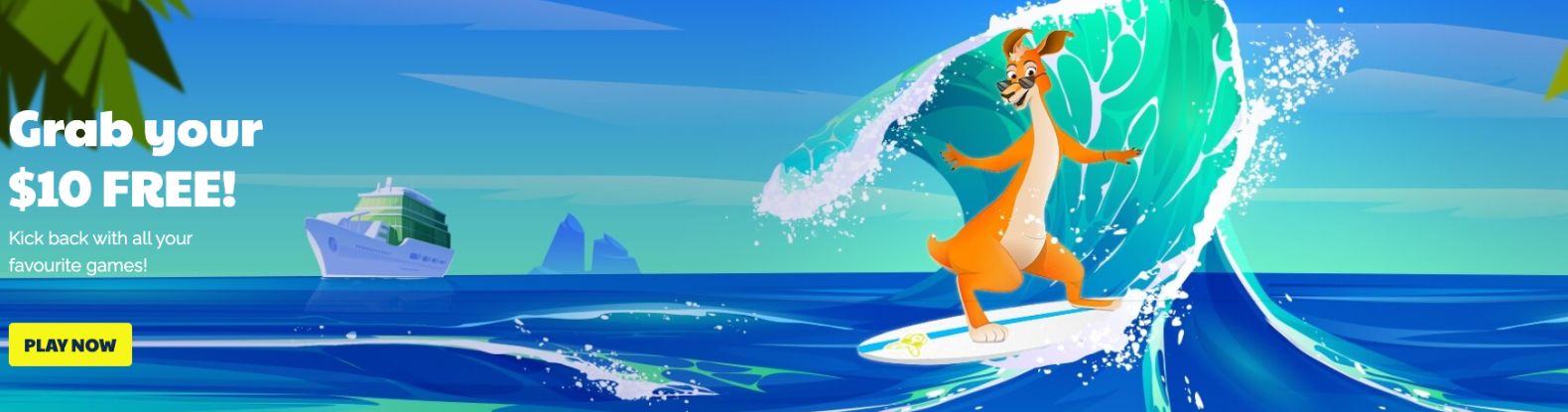 Discover Ripper Casino’s Welcome Deal, featuring an animated kangaroo splashing over a blue ocean wave with a cruise ship in the background.