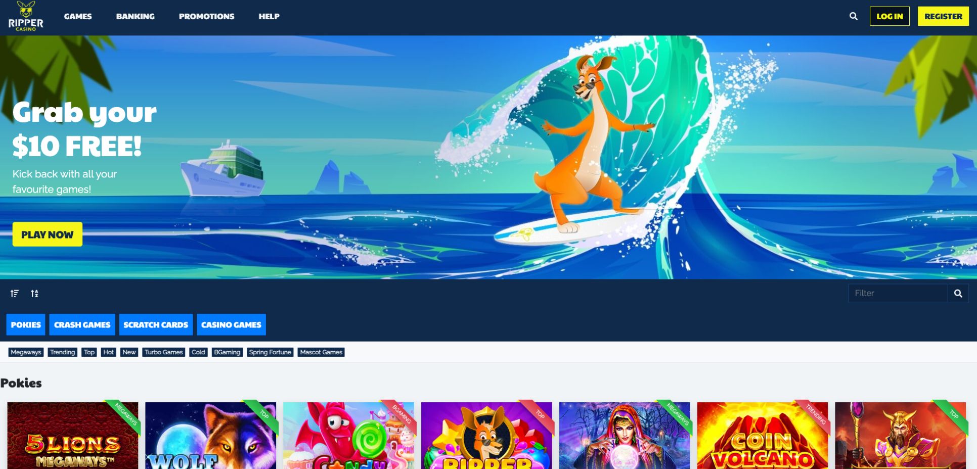 The homepage of Ripper Casino features an animated kangaroo riding the surf in a tropical paradise surrounded by palm trees and a cruise ship.