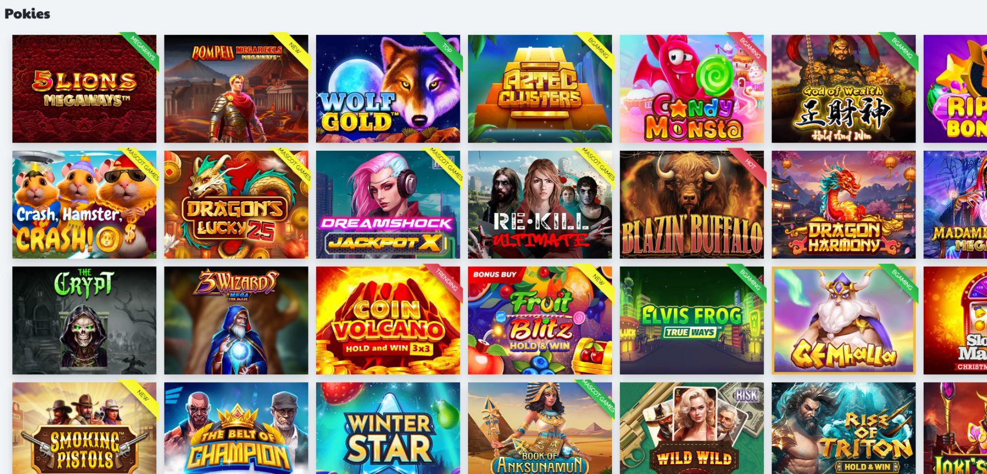 Bright and colorful graphics of Ripper Casino pokies arranged in a 7x4 grid pattern.
