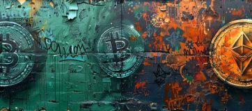 Graffiti featuring green Bitcoin and gold Ethereum logos against a green and gold wall adorned with other artistic graffiti.