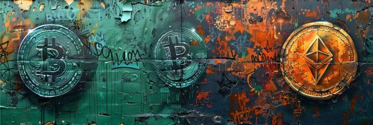 Artistic graffiti illustrating green Bitcoin and gold Ethereum emblems on a wall surrounded by more graffiti art.