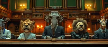 Anthropomorphic animals dressed in suits depicted in a courtroom scene