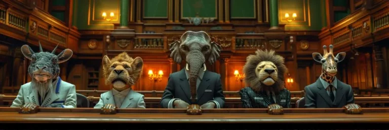 Cartoon characters resembling animals in formal attire seated inside a courtroom environment