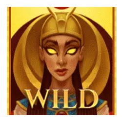 The game's symbol for 'wild' is a striking square logo featuring an Egyptian woman on a gleaming gold background.