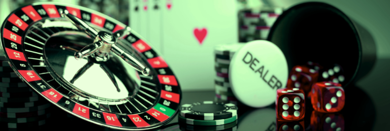 A lively depiction of a casino atmosphere featuring a wheel in motion, dice, and poker chips artistically placed on a gaming table.
