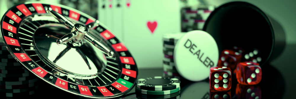 Imagine a lively casino atmosphere, complete with a spinning roulette wheel, scattered poker chips, and colorful dice on a gaming surface.