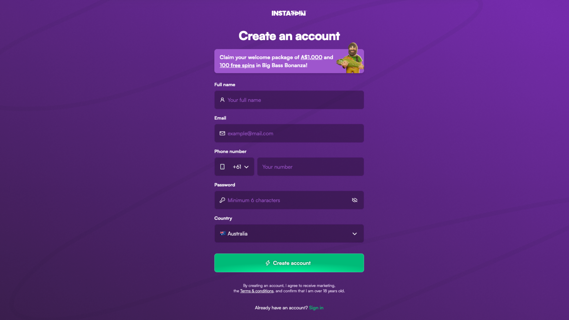 Step two of registering at Instaspin Casino.