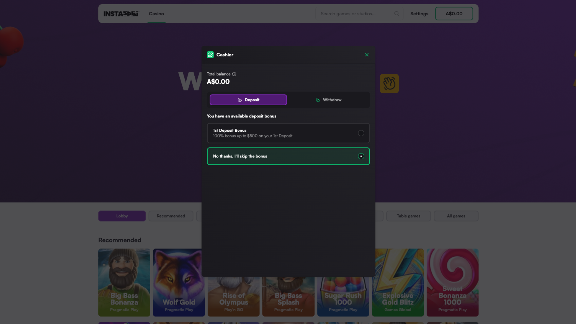 The third step in the Instaspin Casino registration procedure.