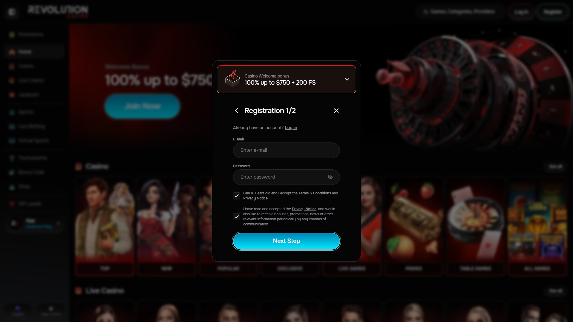 Revolution Casino - Registration
