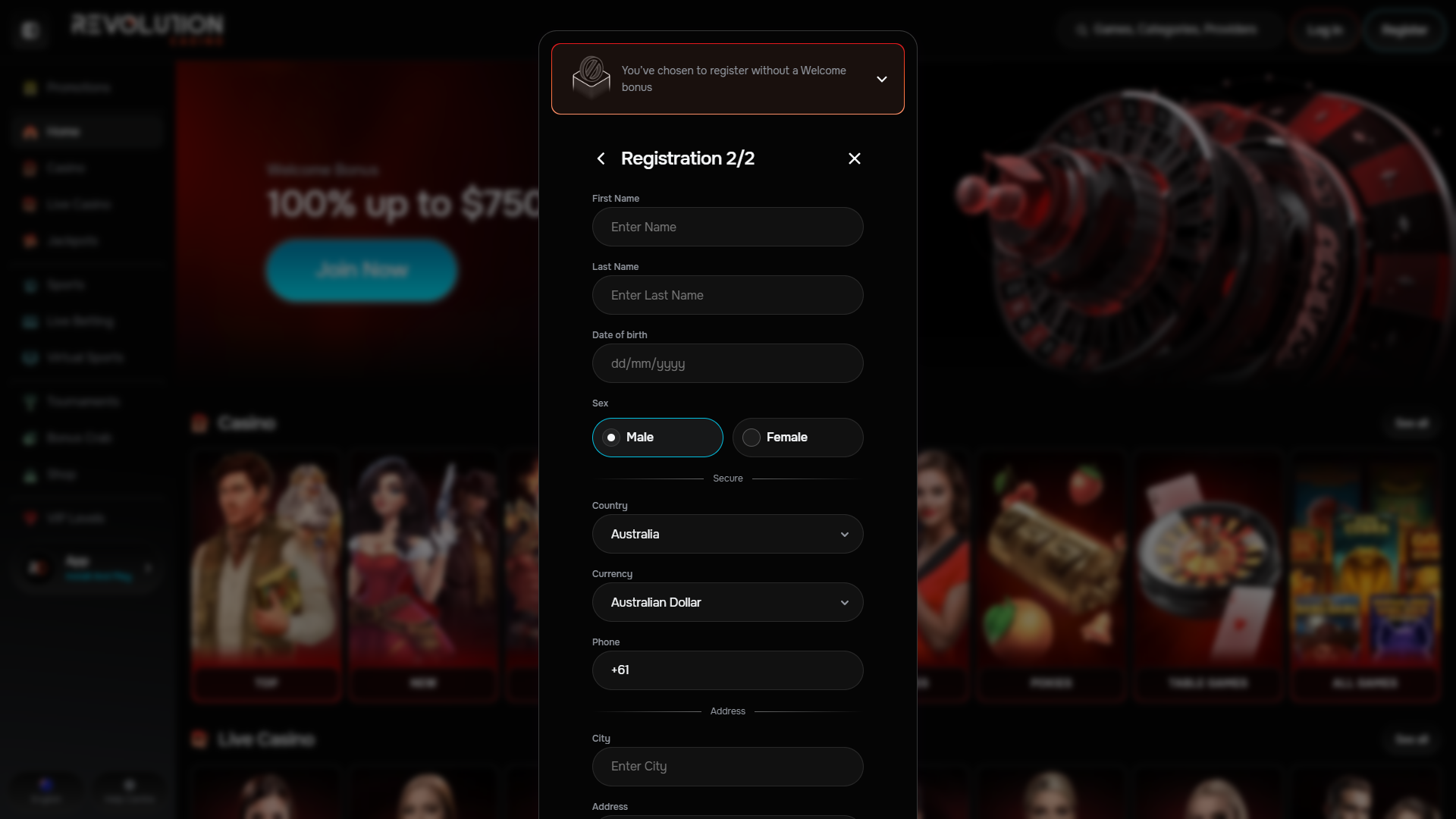 Revolution Casino - Registration