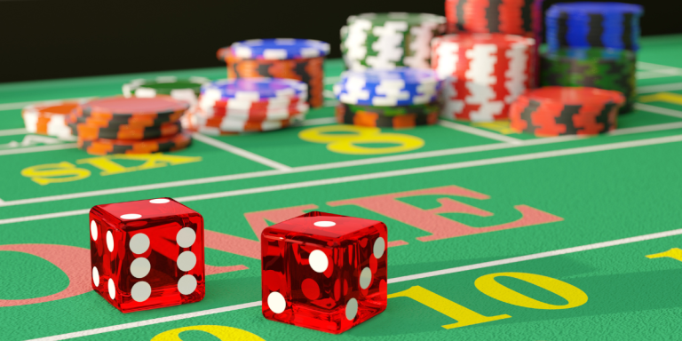 Craps board with dice and chips